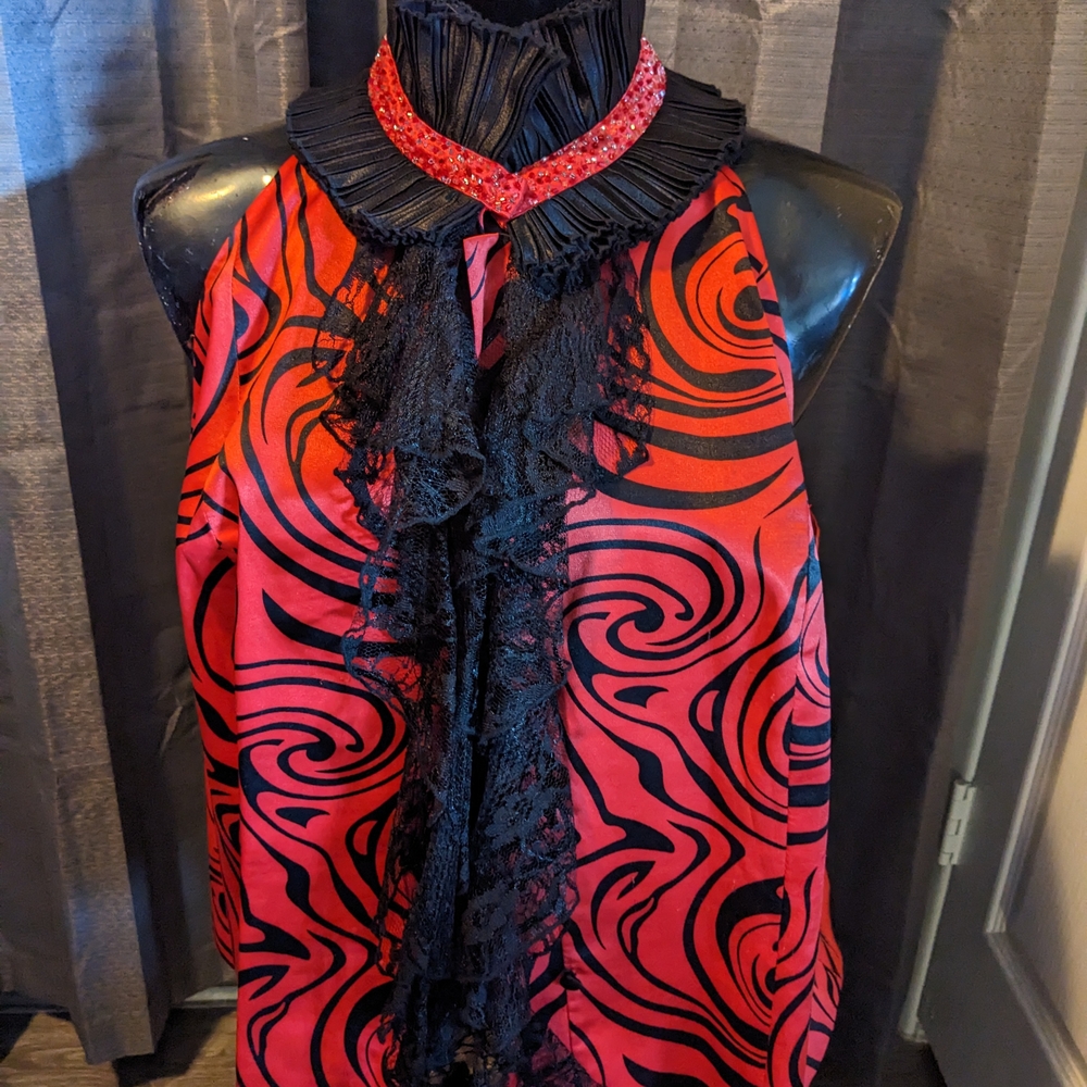 Red and Black Swirl Halter Top with Lace and Sequins